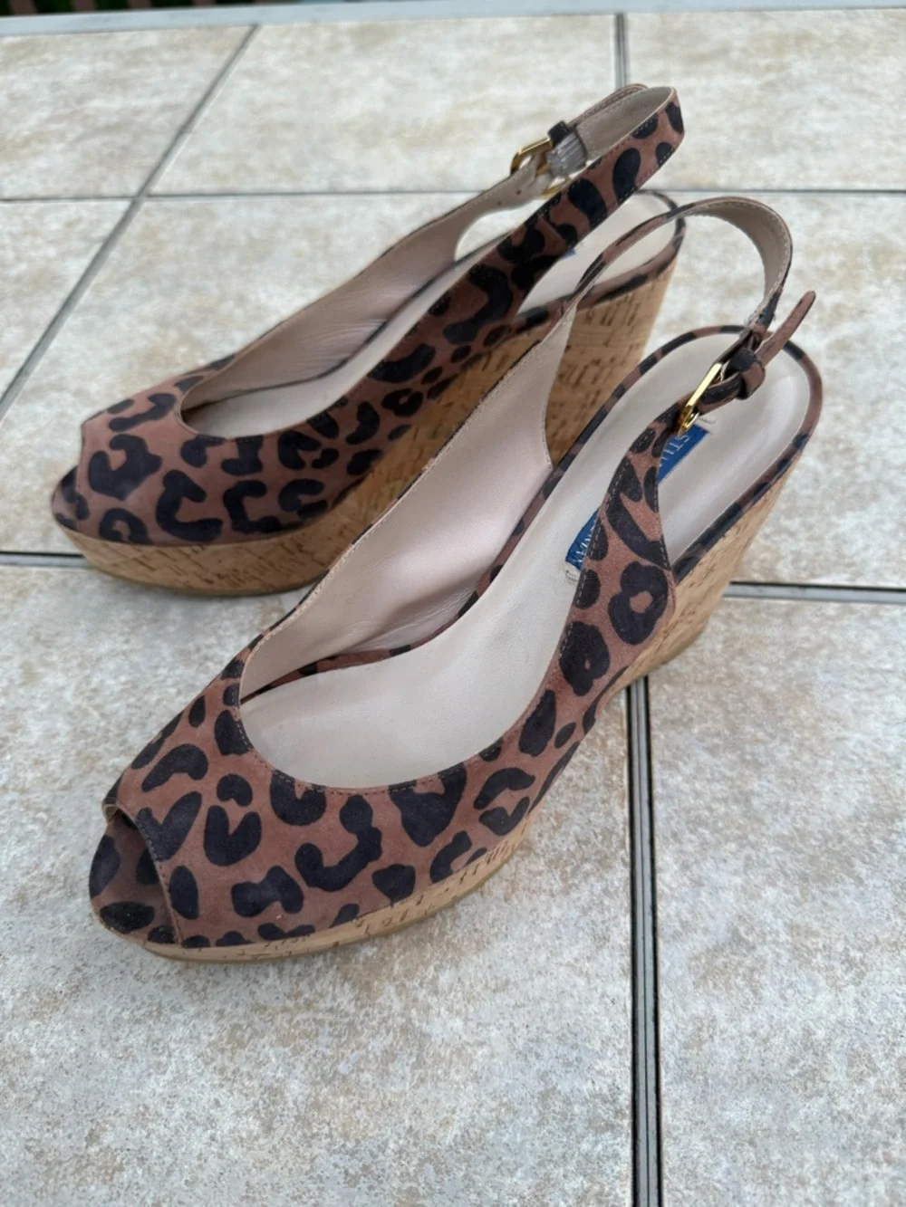 Stuart Weitzman Leopard Print Brown Cork Wedge Slingbacks - Picture 6 of 15